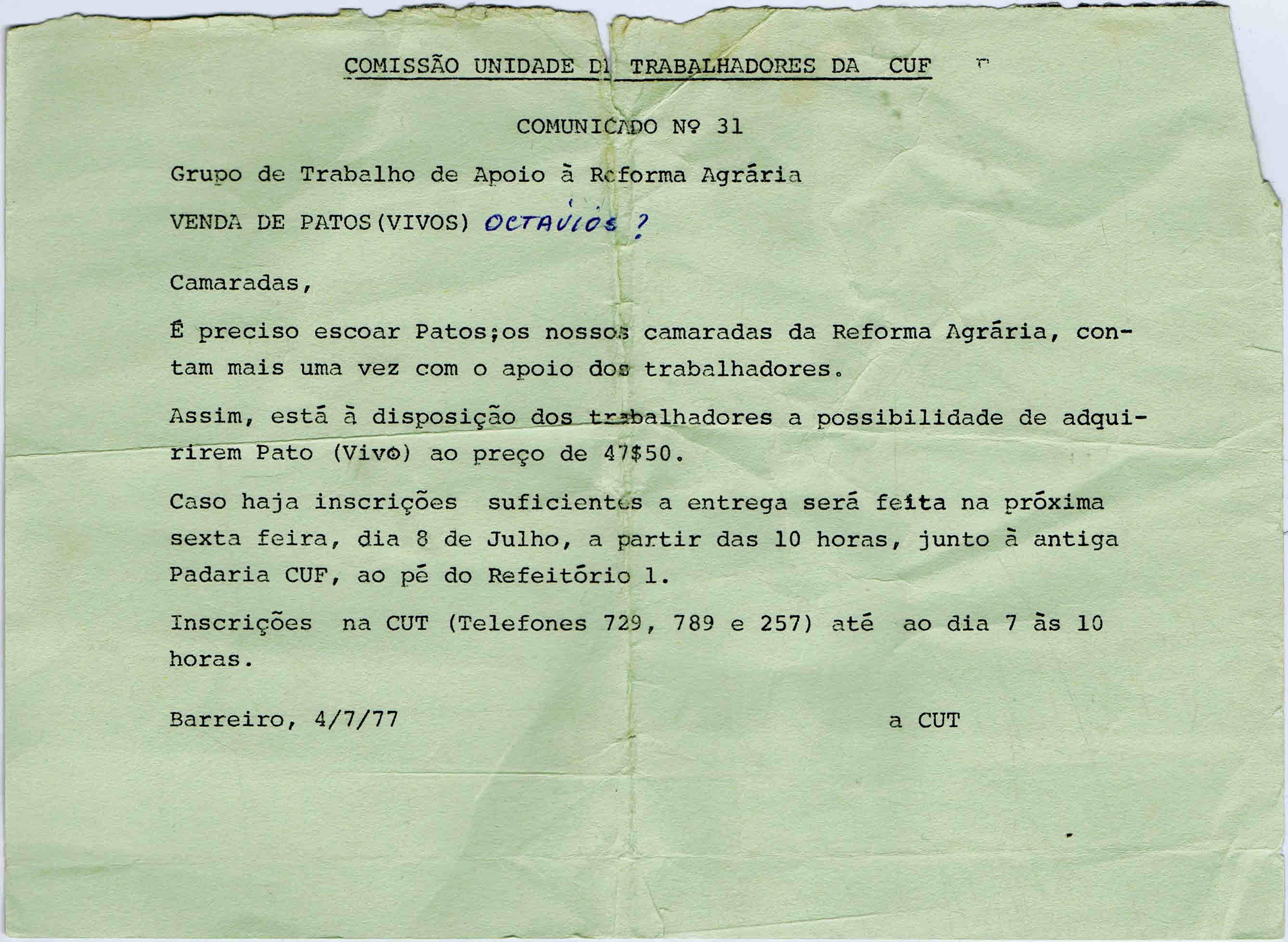 comissao unidade de trabalhadors da cuf